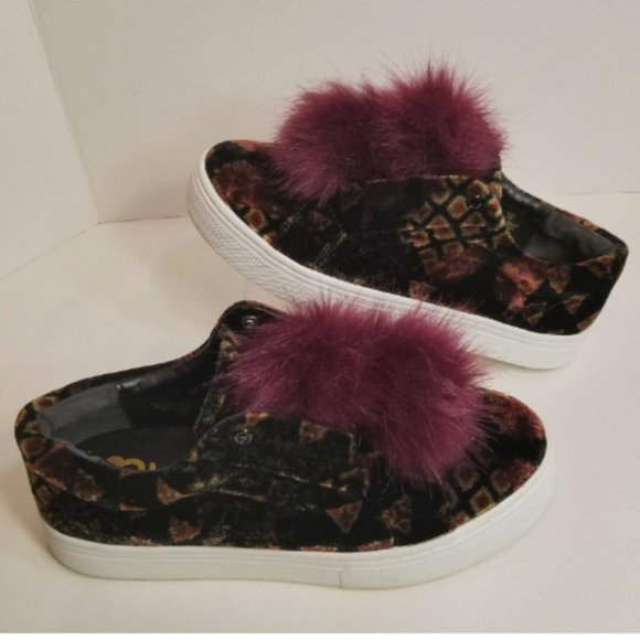 Sam Edelman Leya Velvet Shoes Faux Fur PomPom Slip-On Sneakers size 8.5 Burgundy - Picture 6 of 17